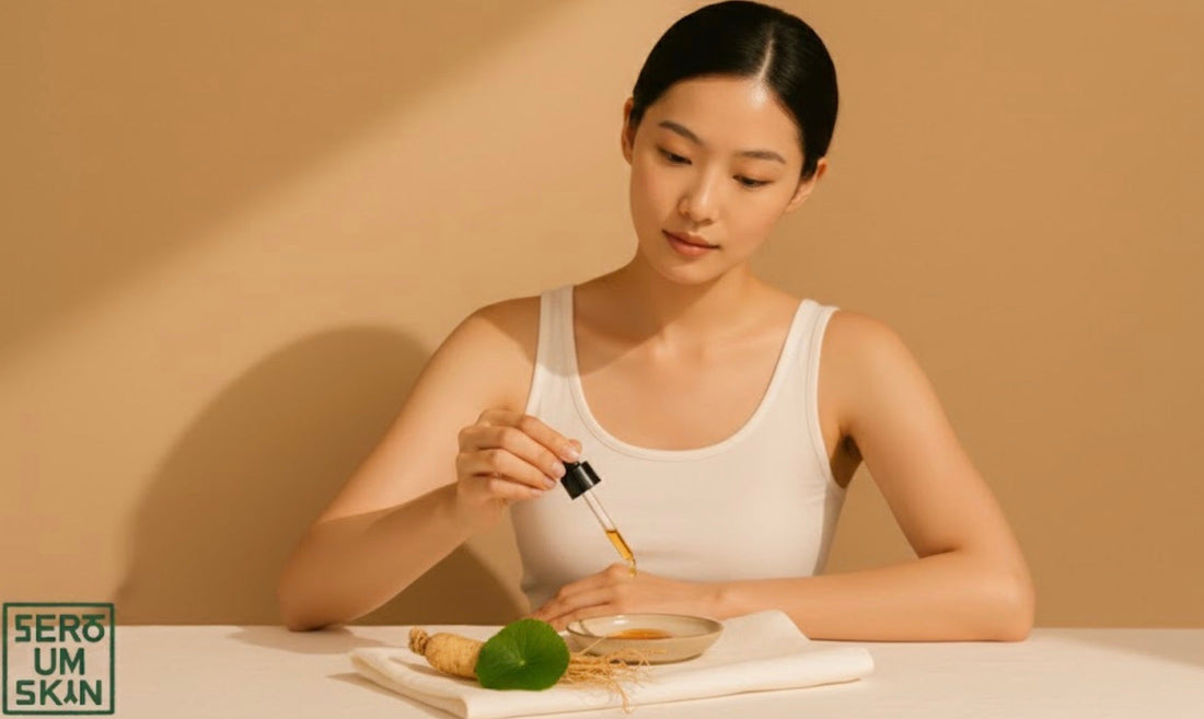Modelo Seroum Skin rutina skinimalista con ingredientes coreanos de Ginseng y Centella Asiática