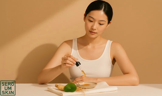 Modelo Seroum Skin rutina skinimalista con ingredientes coreanos de Ginseng y Centella Asiática