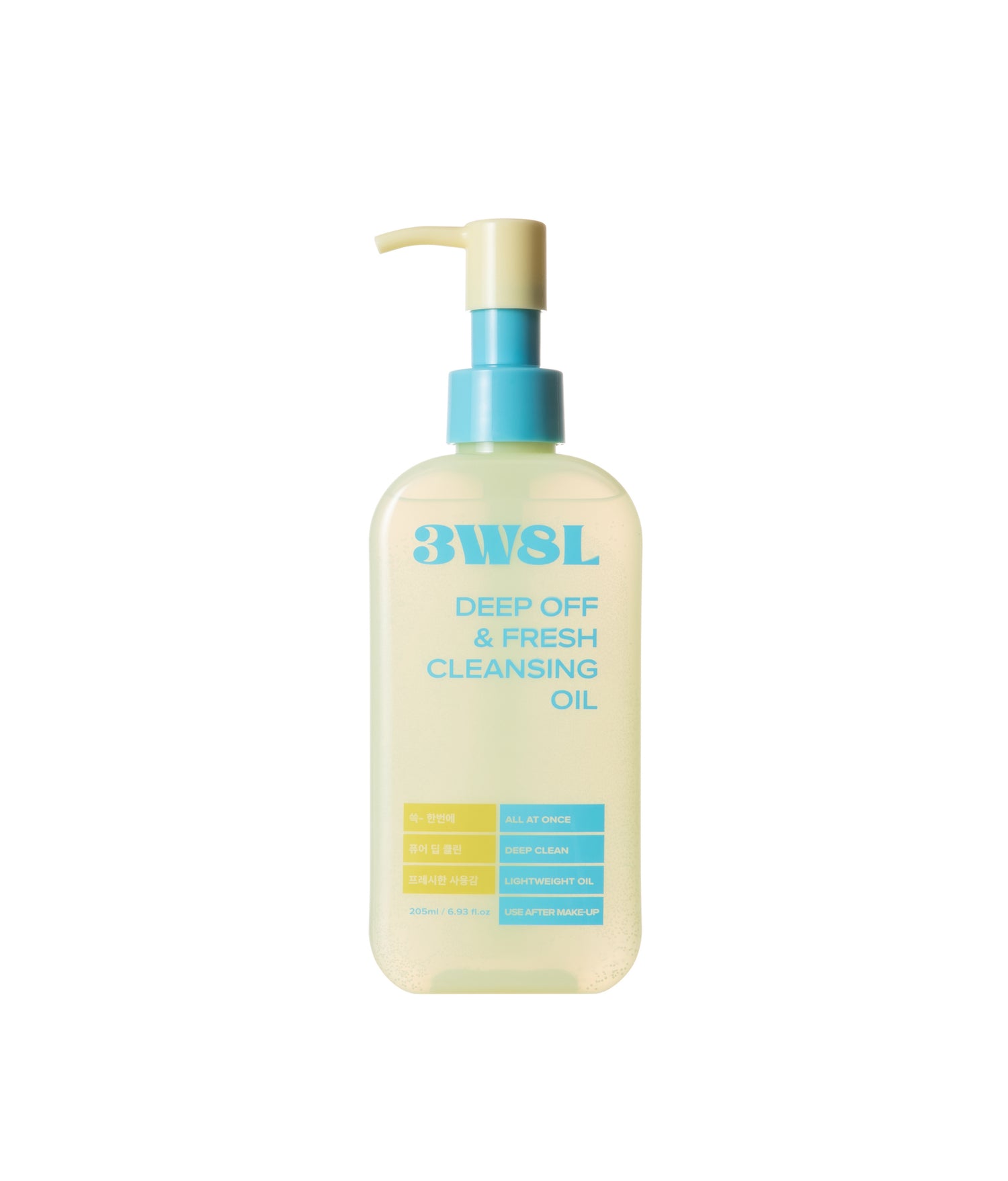 Aceite limpiador transparente de 3W8L con bomba dispensadora azul y tapón color crema.
