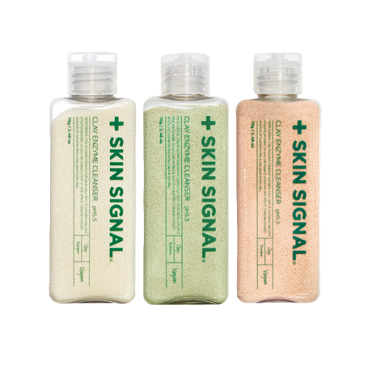 Limpiador enzimático de arcilla de SKIN SIGNAL en tres colores diferentes.
