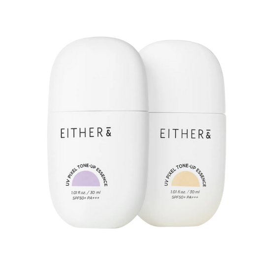 Esencias faciales con protección solar UV Pixel Tone-Up de EITHER&, con envases blancos y diseño minimalista.
