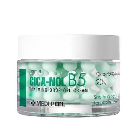 Crema en gel calmante Phyto Cica-Nol B5 de MEDIPEEL, con bolitas calmantes de color verde menta en el interior del frasco.
