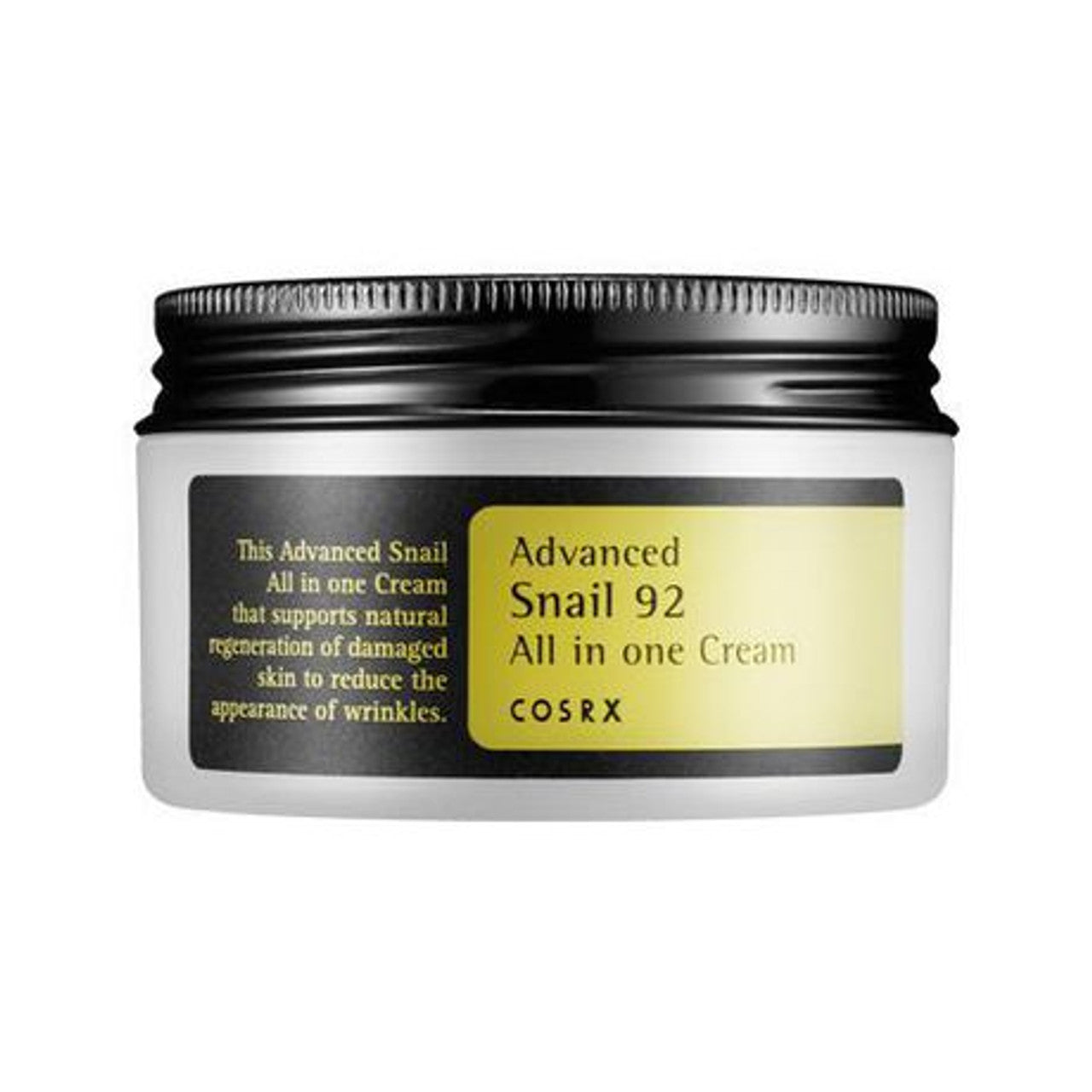 Crema facial de caracol Advanced Snail 92 de COSRX en frasco blanco con tapa negra.
